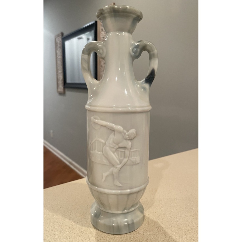 Vintage JIM BEAM Liquor Decanter Bottle White Glass Marble GREEK Discus‎ Thrower